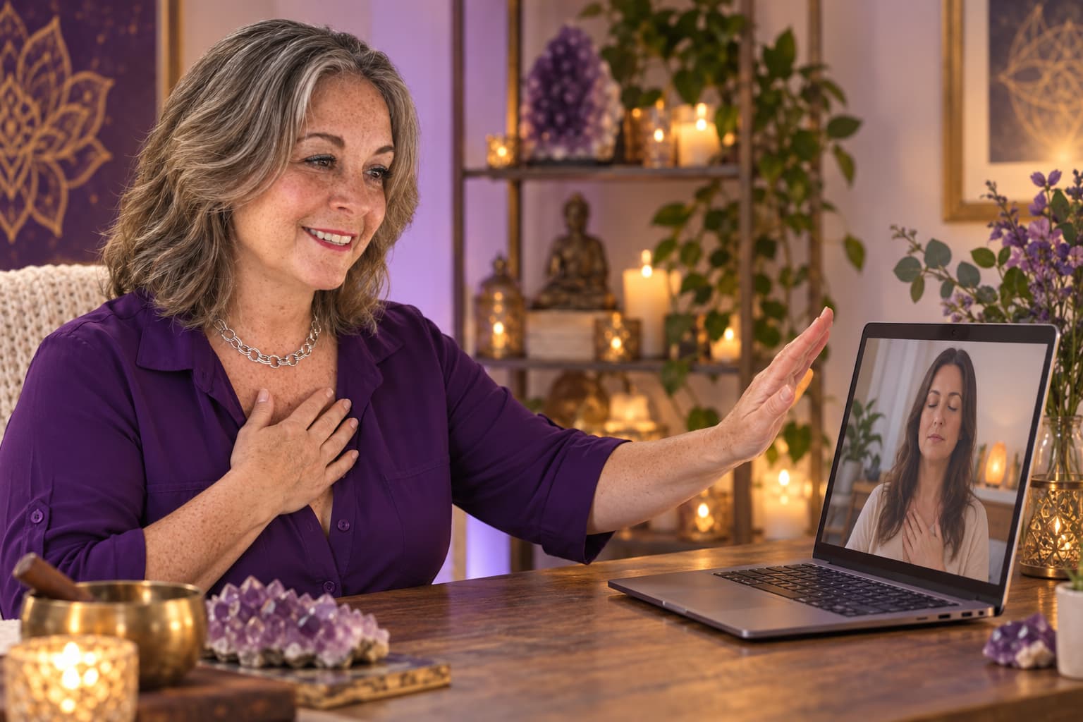 Daniela DeCastro conducting an online chakra cleansing session with a client