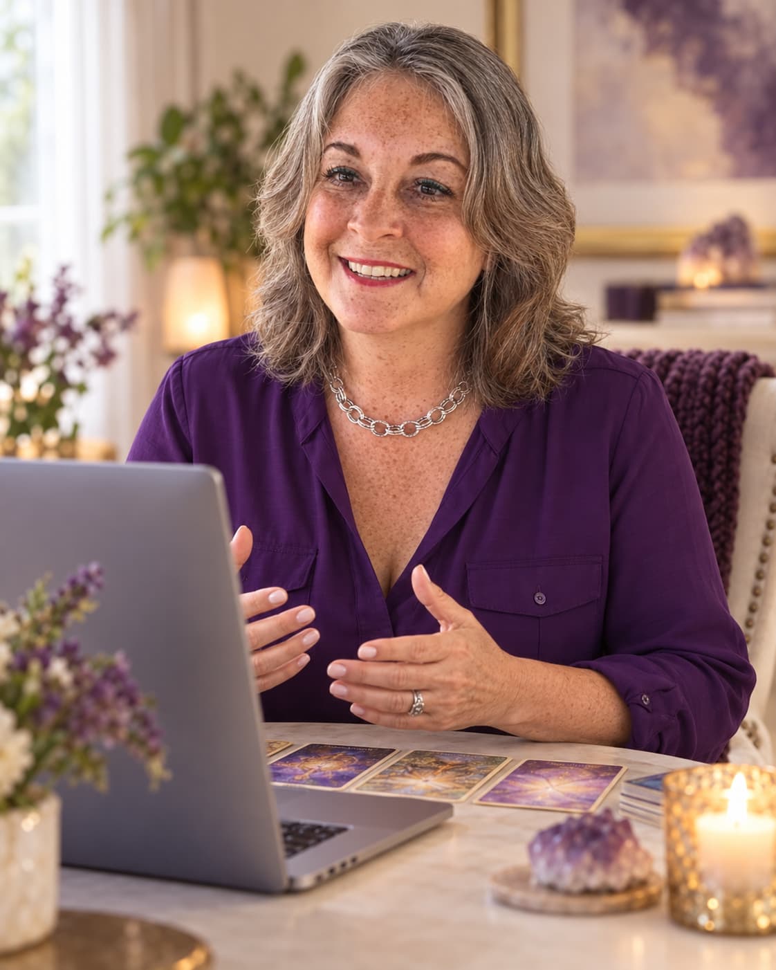 Daniela DeCastro conducting an online psychic reading with oracle cards