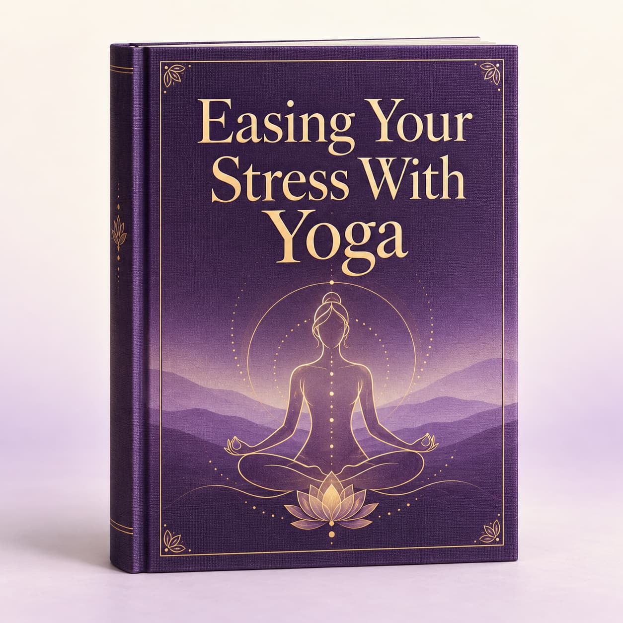 Purple and gold book mockup of Easing Your Stress With Yoga