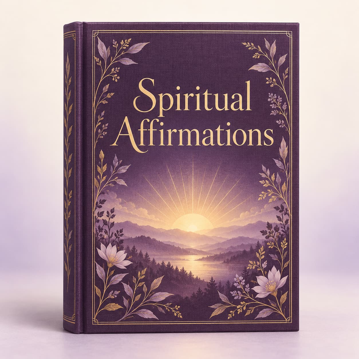 Purple and gold Spiritual Affirmations book mockup with a sunrise and botanical details